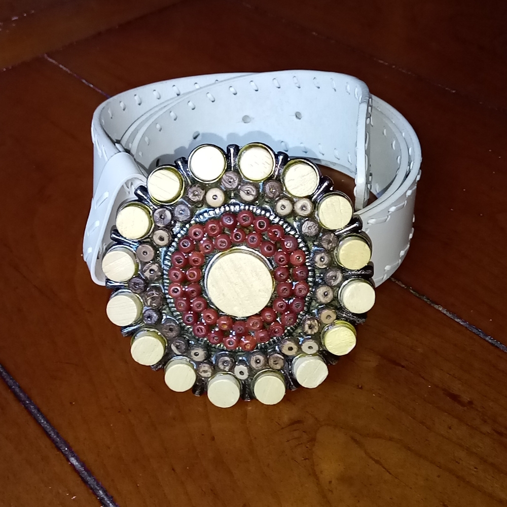 Genuine Bonded Leather Decorative Buckle Hippie Belt 70s Style Size Medium